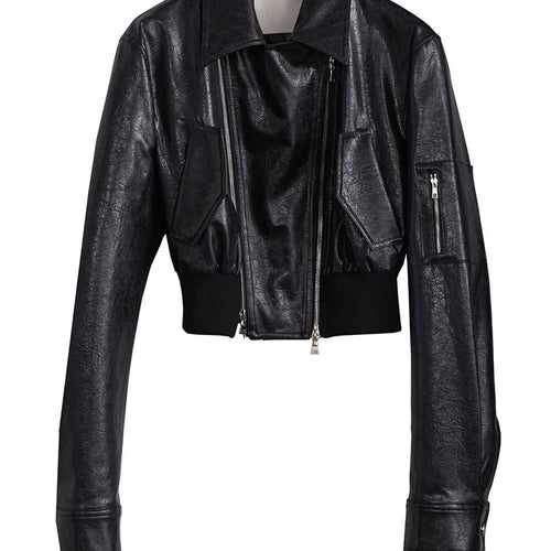 Load image into Gallery viewer, Black Pu Leather Zipper Slit Irregular Jacket New Lapel Long Sleeve Women Coat Fashion Tide Spring Autumn 2025 1DH4723
