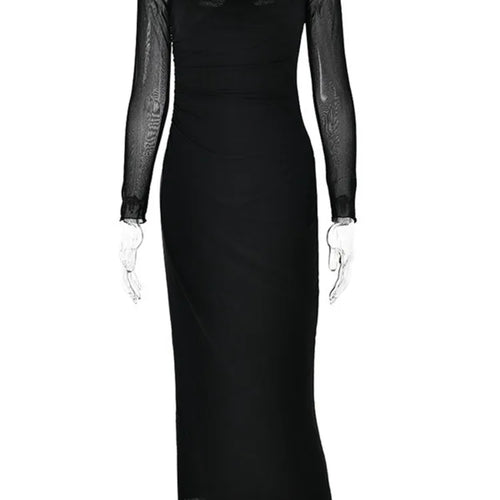 Load image into Gallery viewer, Elegant Sheer Long Sleeve Bodycon Maxi Dress For Women Fashion Mesh Black Strapless Backless Club Party Sexy Dress
