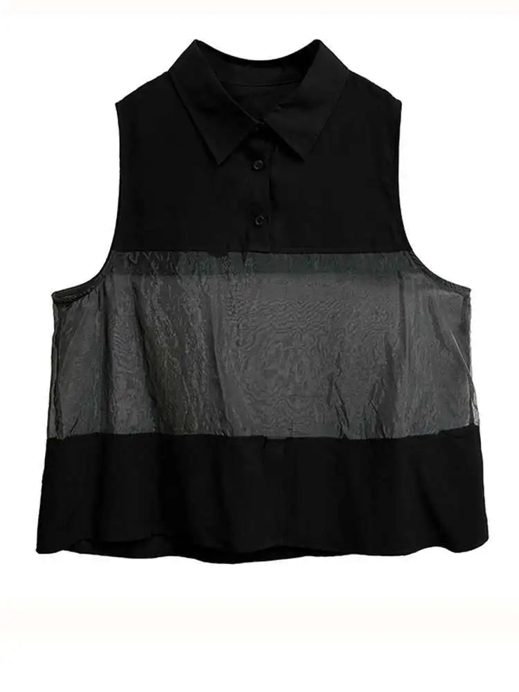 Women Black Mesh Perspective Big Size Elegant Blouse New Lapel Sleeveless Shirt Fashion Tide Spring Summer 2025 1DH9508