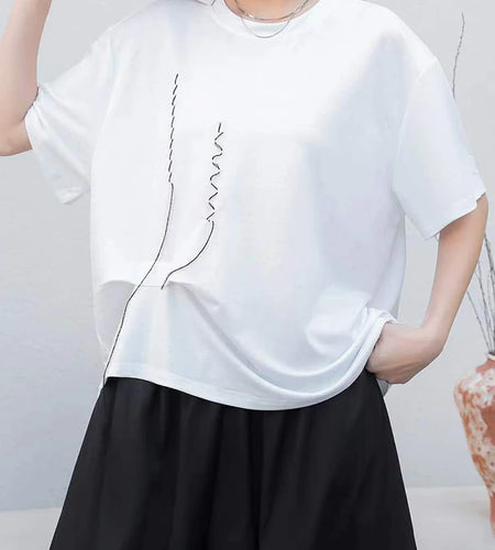 Women Black Topstitched Irregular Big Size T-shirt New Round Neck Short Sleeve Fashion Tide Spring Summer 2025 1DJ0944