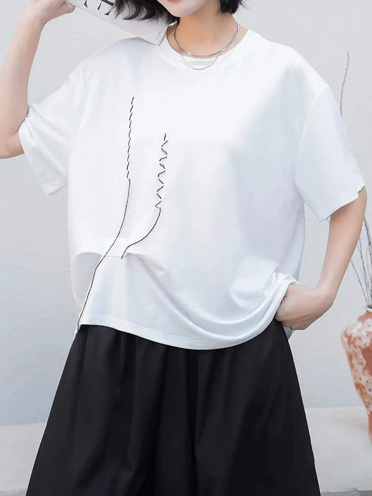 Women Black Topstitched Irregular Big Size T-shirt New Round Neck Short Sleeve Fashion Tide Spring Summer 2025 1DJ0944