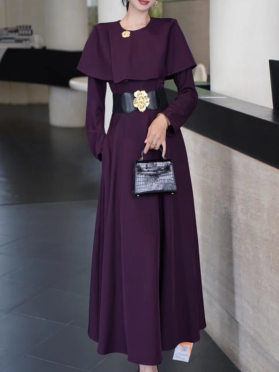 Solid Slimming Spliced Belt Temperament Dresses for Women Round Neck Long Sleeves Dress Female Fashion Clothing New