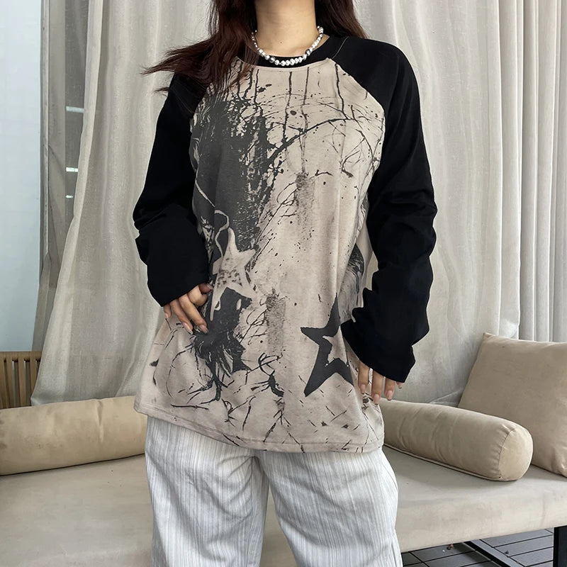 Harajuku Y2K Japanese Oversized T-shirt Women Tie Dye Star Top Vintage Grunge Pullover Autumn Clothes Raglan Sleeve