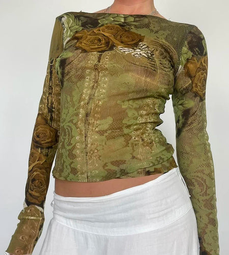 Grunge Fairycore Vintage Tee Shirt Y2K Outfits Graphic Printing 2000s Aesthetic Slim Autumn T-shirts for Women Kawaii