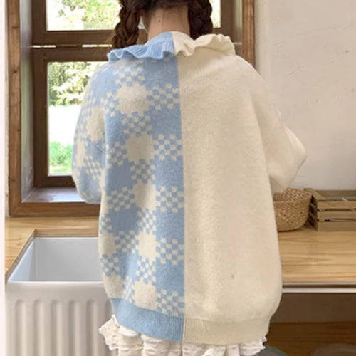 Load image into Gallery viewer, Preppy Style Contrast Color Cardigans Loose Cartoon Embroidery Sweet Knitted Sweater Harajuku Female Ruffled Patchwork Jackets
