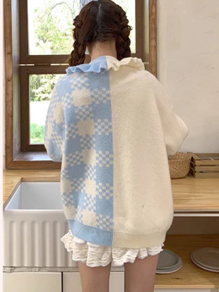 Preppy Style Contrast Color Cardigans Loose Cartoon Embroidery Sweet Knitted Sweater Harajuku Female Ruffled Patchwork Jackets