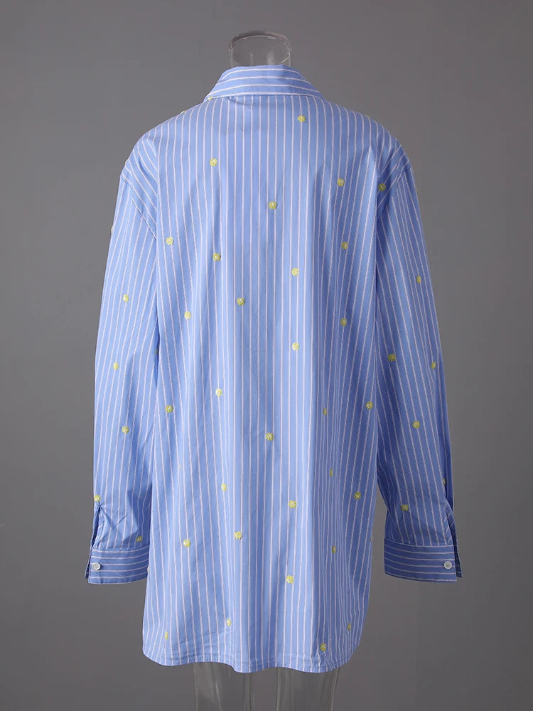Women Blue Striped Dot Big Size Elegant Blouse New Lapel Long Sleeve Shirt Fashion Tide Spring Autumn 2025 CPG3310