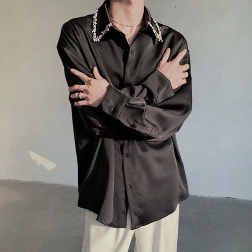 Load image into Gallery viewer, Korean Men&#39;s Shirts Long Sleeve New Summer Bead Decoration Turn-down Collar Trendy Single Breasted Male Clothing 9W1701
