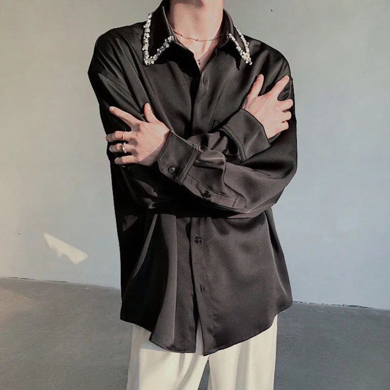 Korean Men's Shirts Long Sleeve New Summer Bead Decoration Turn-down Collar Trendy Single Breasted Male Clothing 9W1701
