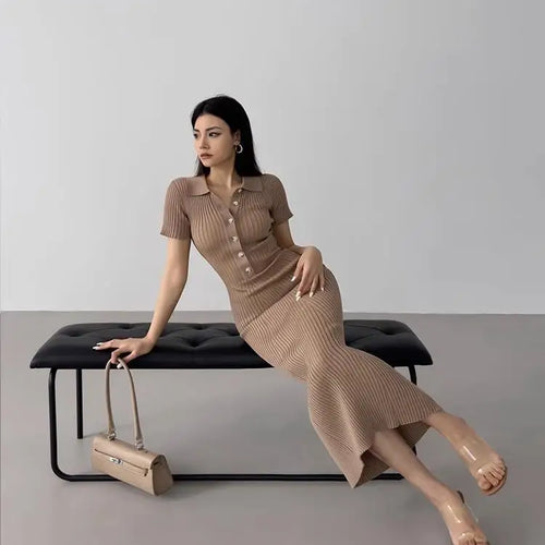 Load image into Gallery viewer, Korean Version Summer Solid Elegant Office Lady Button Knitted Long Dress Women's Slim Short Sleeve Wrapped Hip Fishtail Dresses
