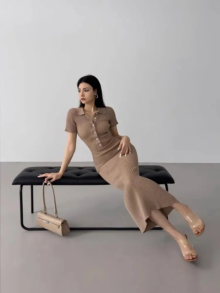 Korean Version Summer Solid Elegant Office Lady Button Knitted Long Dress Women's Slim Short Sleeve Wrapped Hip Fishtail Dresses