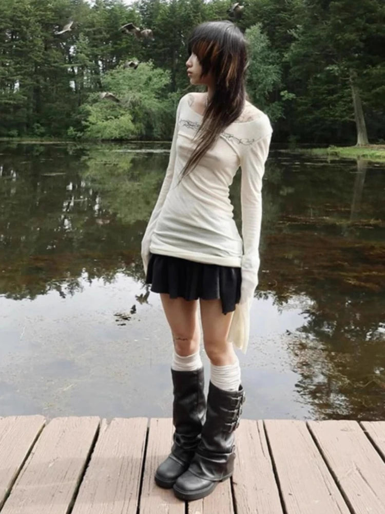 2025 Y2k Aesthetic Creamy-white Women Sexy T-shirt Vintage Printing Streetwear Grunge Tshirts Harajuku Bodycon Gothic Tees Femme