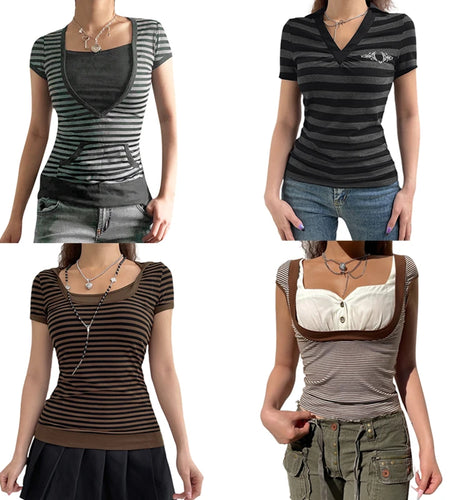 y2k Short Sleeve Top Women Stripe Patchwork Harajuku Tee Vintage Woman Clothes Fairy Grunge Tshirt with Pocket Outfits