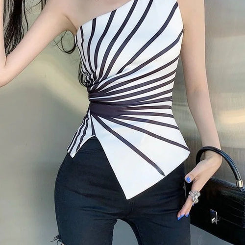 Load image into Gallery viewer, Y2k Sleeveless Irregular Tank Top Women Sexy Skinny Striped Design Corset Stretch Tube Streetwear 2025 Summer One Shoulder Tanks
