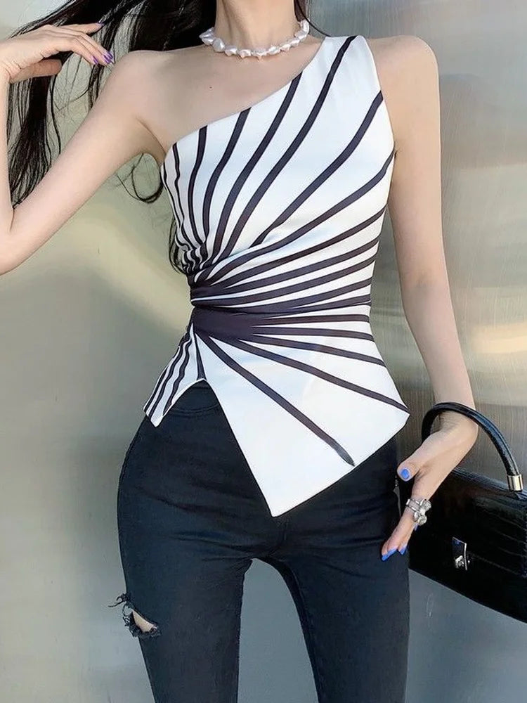 Y2k Sleeveless Irregular Tank Top Women Sexy Skinny Striped Design Corset Stretch Tube Streetwear 2025 Summer One Shoulder Tanks