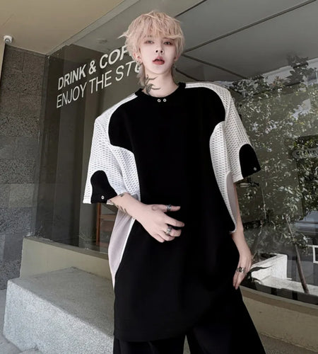 Male Short Sleeve T-shirts Summer Fashion Mesh Splicing Contrast Color Loose Round Neck Men's T-shirt Pullover Top 9W1494