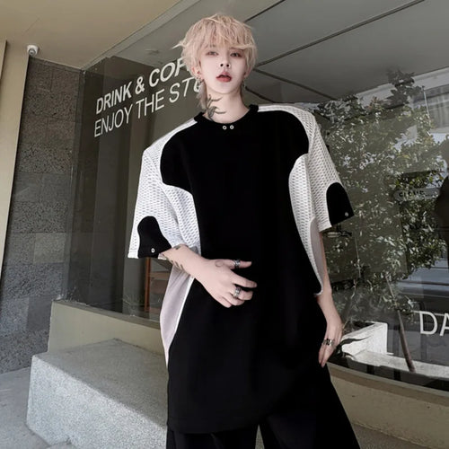 Load image into Gallery viewer, Male Short Sleeve T-shirts Summer Fashion Mesh Splicing Contrast Color Loose Round Neck Men's T-shirt Pullover Top 9W1494
