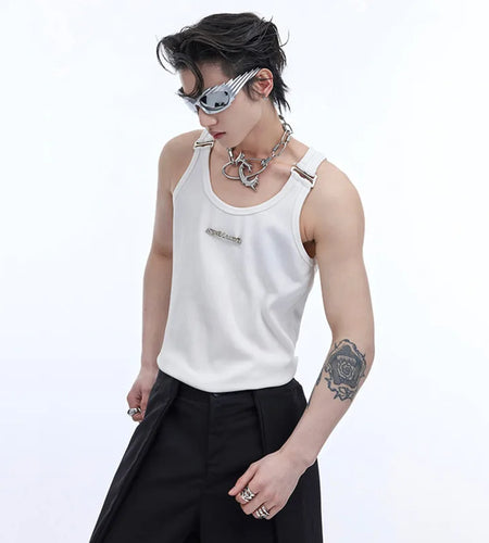 Niche Style Men's Tank Tops Letter Metal Shoulder Strap Slim Fit Round Collar Sleeveless Male Vest Chic Summer  9C6753