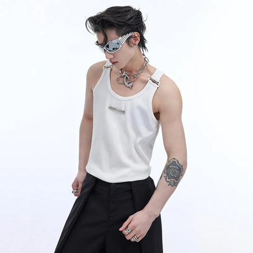 Load image into Gallery viewer, Niche Style Men&#39;s Tank Tops Letter Metal Shoulder Strap Slim Fit Round Collar Sleeveless Male Vest Chic Summer  9C6753
