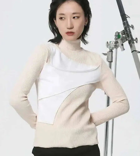 Women Beige Color-block Irregular Slim T-shirt New Turtleneck Long Sleeve Fashion Tide Spring Autumn 2025  1DH2079
