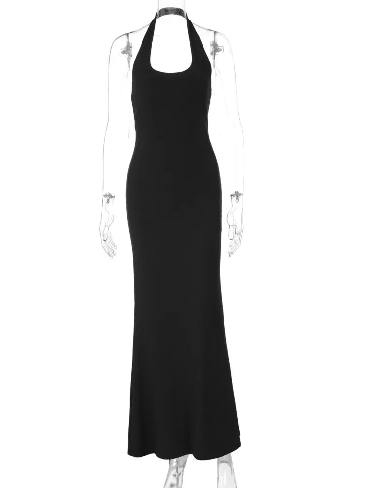 Halter Backless Sexy Maxi Dress Women Gown Summer New Solid U Neck Sleeveless High Waist Long Dress Elegant 2025