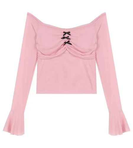 Sweet Pink Crop Tshirts for Women Y2k Tops 2024 Ropa Mujer Long Sleeve Slash Neck Tees Bow Tunic Camisetas Sexy Gauze T-shirt