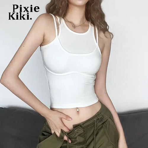 Load image into Gallery viewer, Fake Two Piece Crop Tops for Women Summer Fashion White Black Womans Tank Tops Basics Casual Clothes P71-BB15
