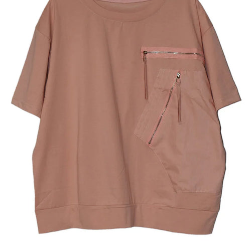 Load image into Gallery viewer, Women White Pocket Zipper Big Size Casual T-shirt New Round Neck Short Sleeve Fashion Tide Spring Summer 2025 1DJ0416

