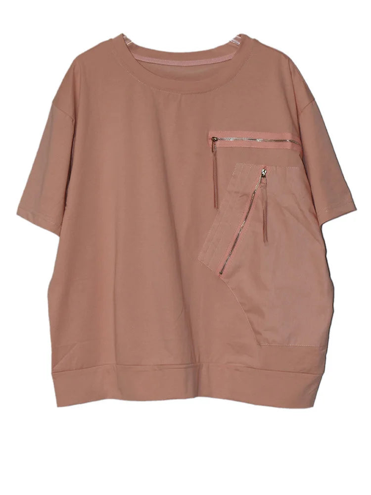 Women White Pocket Zipper Big Size Casual T-shirt New Round Neck Short Sleeve Fashion Tide Spring Summer 2025 1DJ0416
