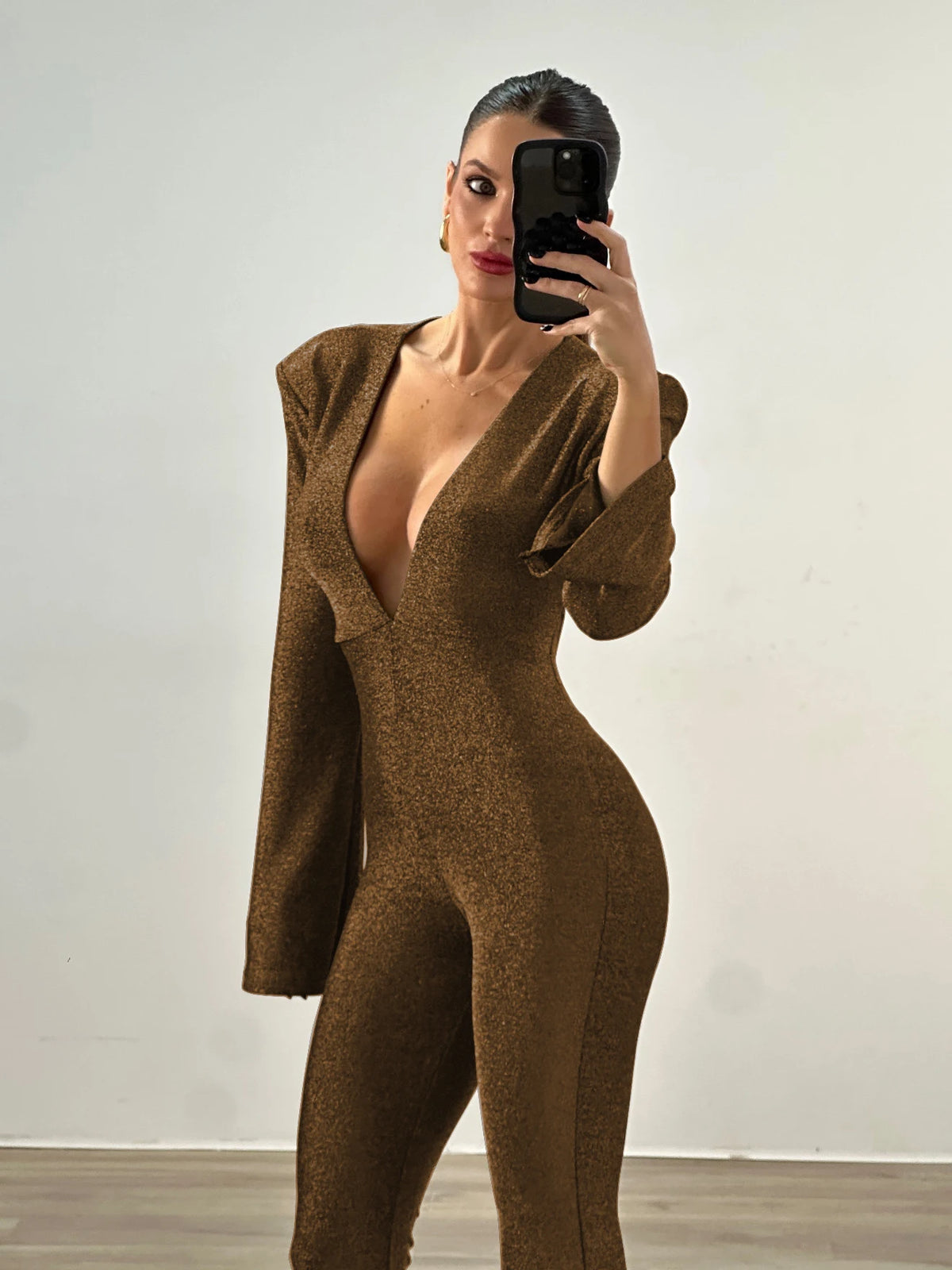 Sexy Deep V-long Sleeved Jumpsuit Women Sparkling High Waisted Flared Pants Elegant Club Jumpsuit Winter 2025 Rompers