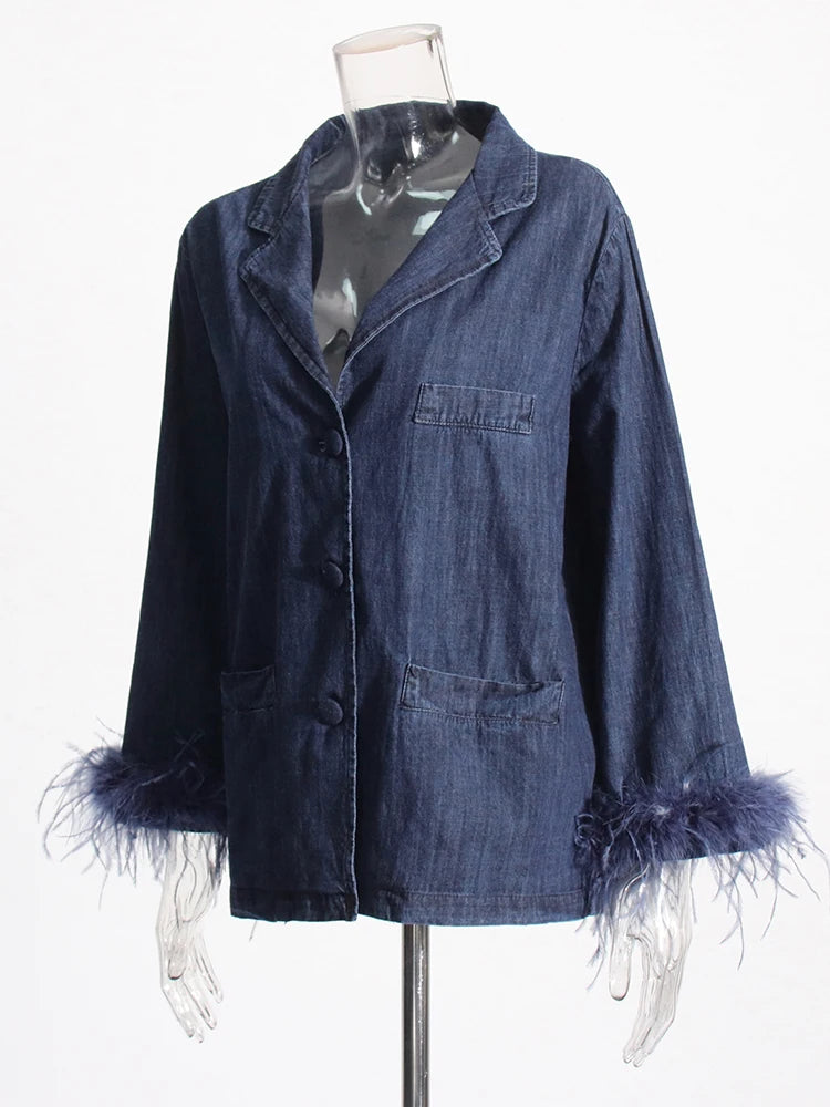 Casual Patchwork Feather Denim Coat For Women Notched Collar Long Sleeve Spliced Single Breasted Loose Coats Female