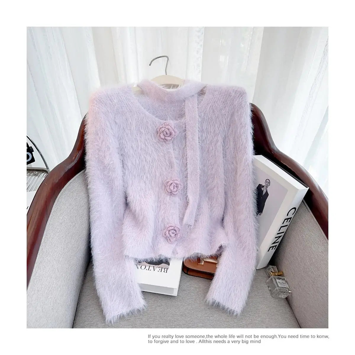 French Vintage Women Solid Elegant Long Sleeve Knitted Mink Sweater 2024 New Autumn Winter Ladies Round Neck Flower Cardigan Top