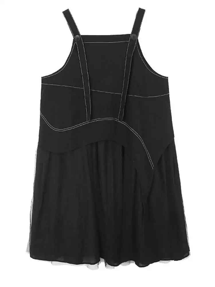 Women Black Topstitched Mesh Big Size Strap Dress New Square Collar Sleeveless Fashion Tide Spring Autumn 2025  1DH6192