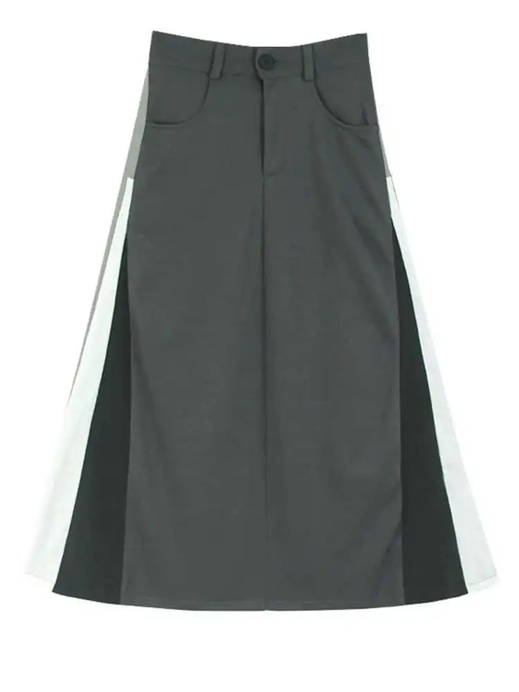 High Elastic Waist Gray Color-block Long A-line Casual Half-body Skirt Women Fashion Tide New Spring Autumn 2025 1DH8094