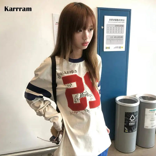 Load image into Gallery viewer, Japanese Y2k Number Print T-shirt 2000s Aesthetics Long Sleeve Jersey Tops Vintage Harajuku Streetwear American Retro
