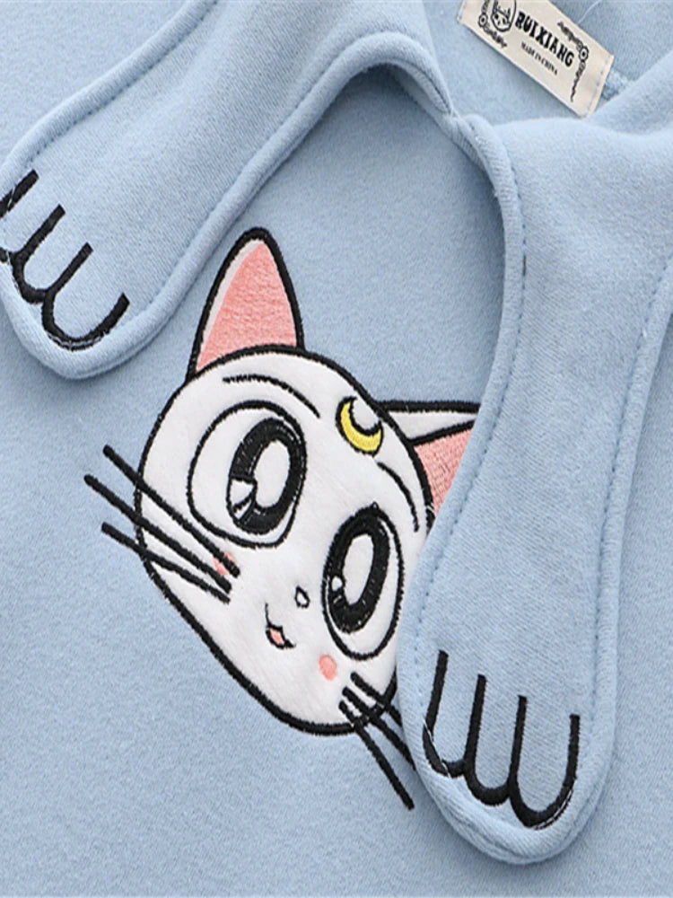 Women's Hoodies Sweatshirt With Ears On Hood Cat Embroidery Cute Harajuku Fleece Hoodie Hooded Clothes Pullovers