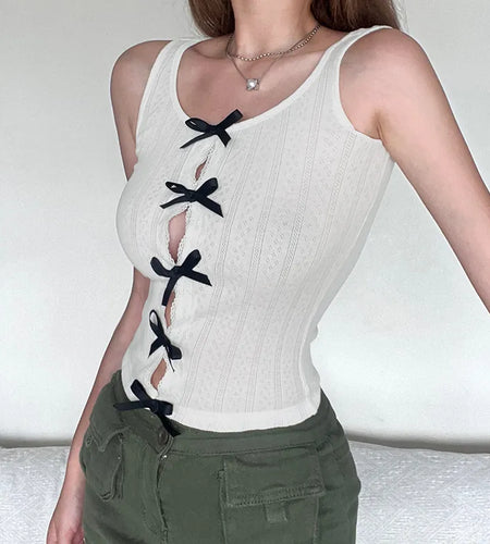 Korean Sweet White Skinny Women Tops Vest Sleeveless Lace Spliced Split Y2K Cute Bow Summer Crop Top Coquette Clothes