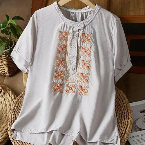 Load image into Gallery viewer, Vintage Women White Beige Embroidery Loose Single Breasted Short Sleeve Cotton Shirt Summer Round Neck Elegant Festival Tops New
