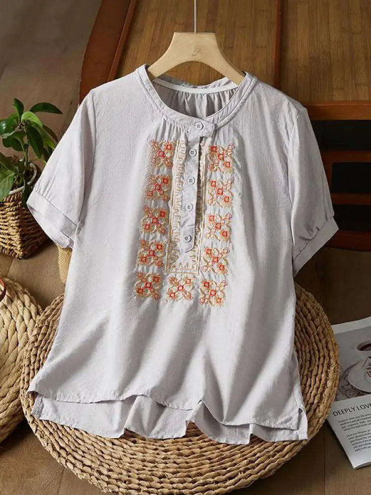 Vintage Women White Beige Embroidery Loose Single Breasted Short Sleeve Cotton Shirt Summer Round Neck Elegant Festival Tops New