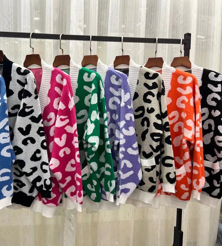 Fall Winter Leopard Jacquard Cardigan Women with Buttons Oversized Jacket Loose Warm Knitted Cardigan for Women C-136