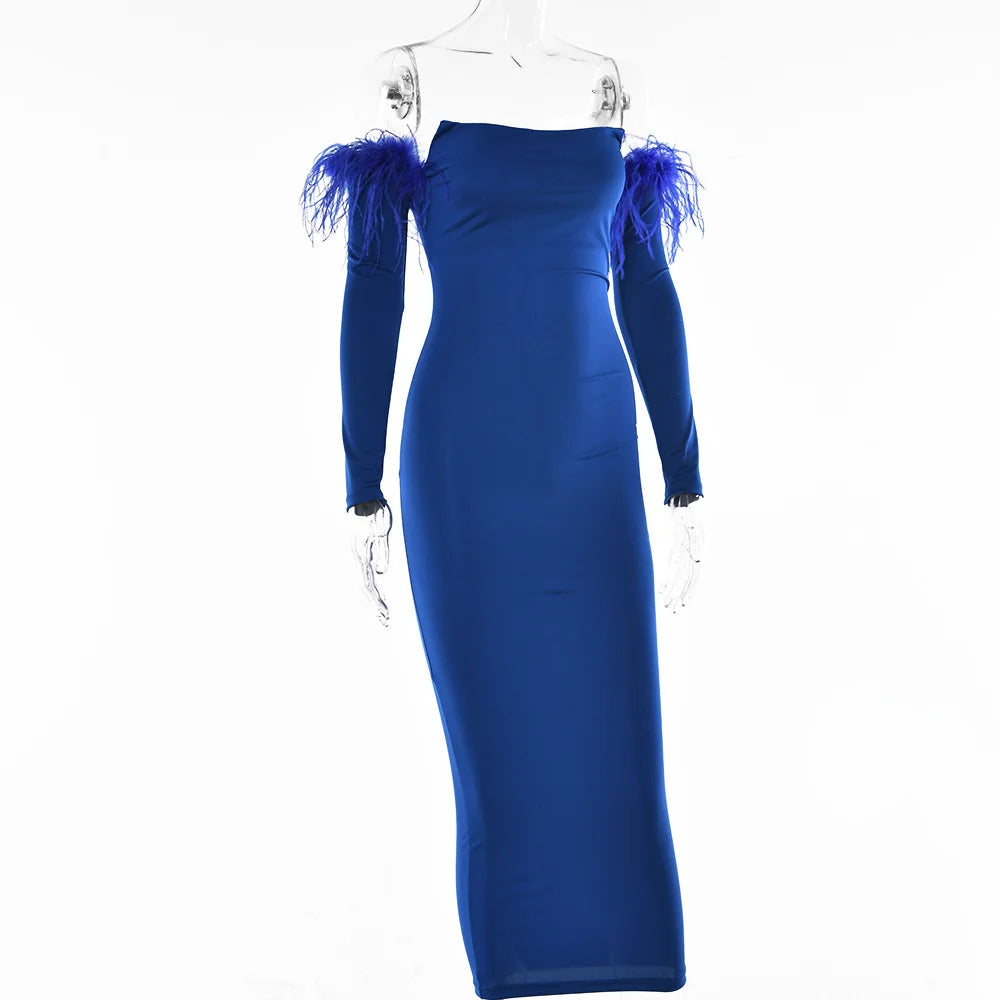 Elegant Off-shoulder Feather Sleeve Maxi Dress Women 2022 New Strapless Backless Bodycon Long Dress Vestido
