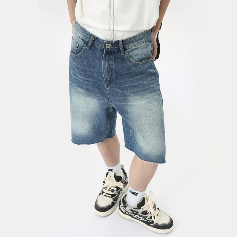 American Style Men's Denim Shorts Casual Worn-out Straight Male Trousers Wide Leg Loose Bottom Trend Summer 9C6318