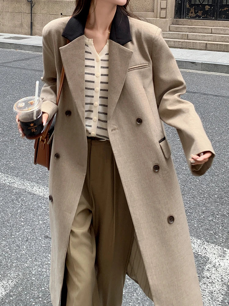 Women Khaki Double Breasted Big Size Long Blazer New Lapel Long Sleeve Jacket Fashion Tide Spring Autumn 2025 1DH9719