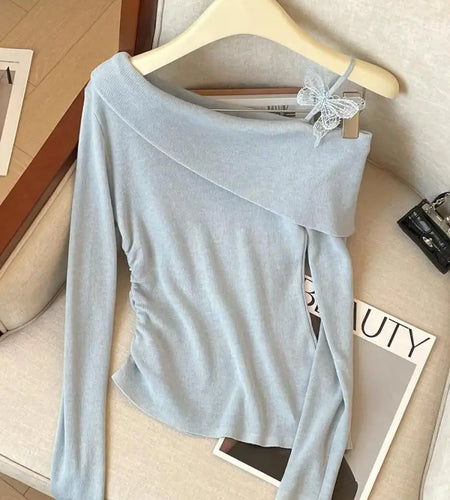Spring Elegant Blue Pink Long Sleeve Versatile Slim Pullover Tops Fashion Women's Off Shoulder Pleated Knit Sweater Simplicity