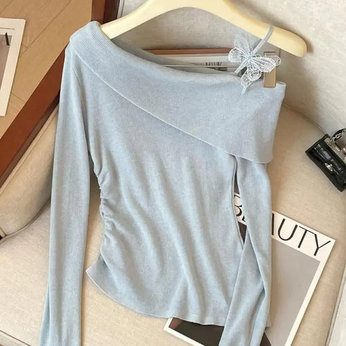 Load image into Gallery viewer, Spring Elegant Blue Pink Long Sleeve Versatile Slim Pullover Tops Fashion Women's Off Shoulder Pleated Knit Sweater Simplicity
