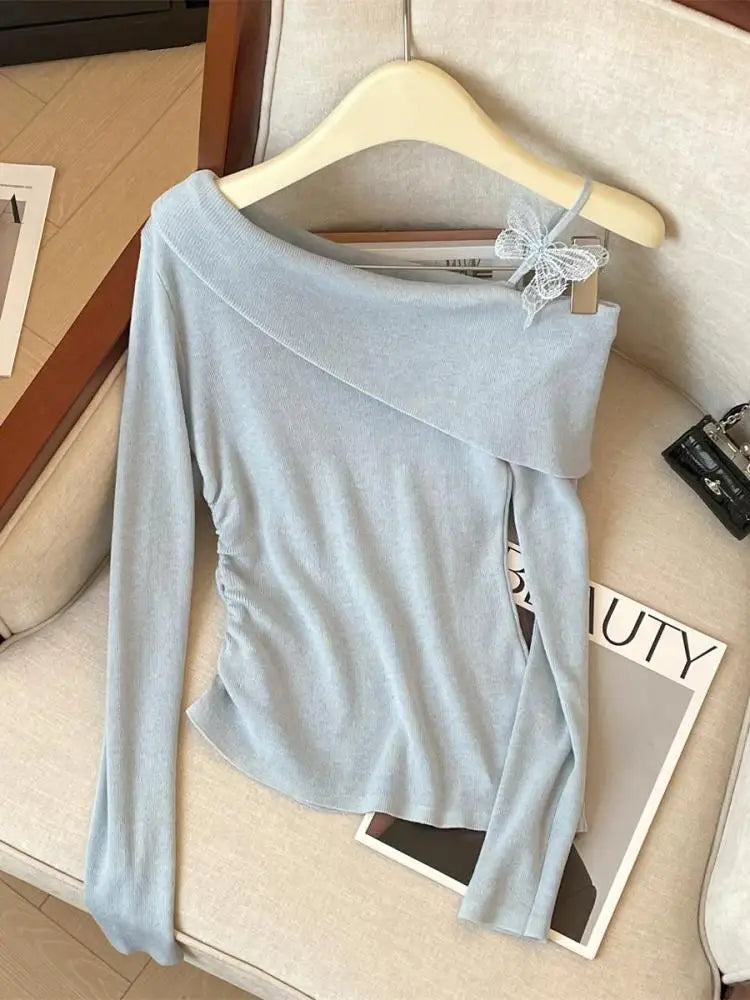 Spring Elegant Blue Pink Long Sleeve Versatile Slim Pullover Tops Fashion Women's Off Shoulder Pleated Knit Sweater Simplicity