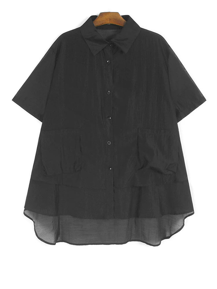 Black Irregular Thin Shirt Wide Leg Shorts Two Piece Suit New Lapel Short Sleeve Women Fashion Spring Summer 2025 1DJ1434