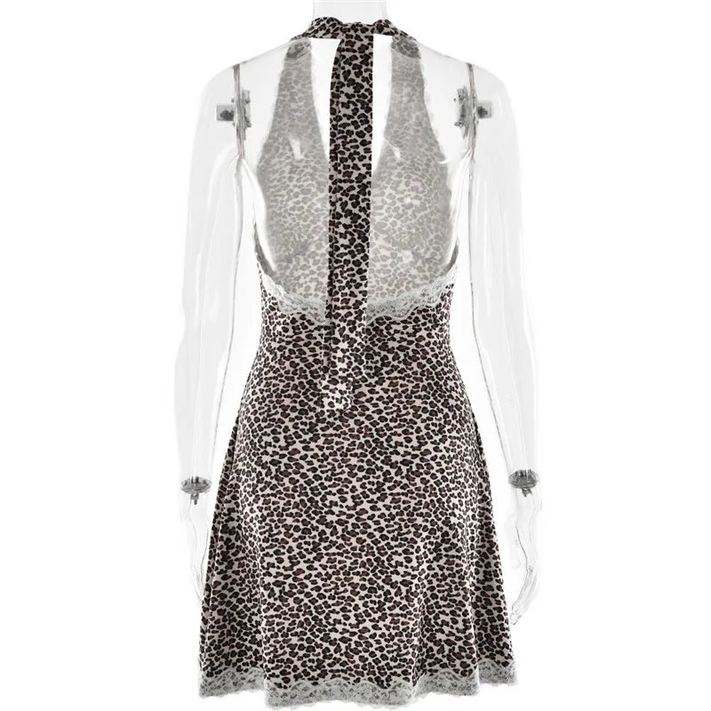 Leopard Print Backless Sexy Mini Dress For Woman Robe Contrast Color Halter Deep V Neck Sleeveless A-line Club Dress