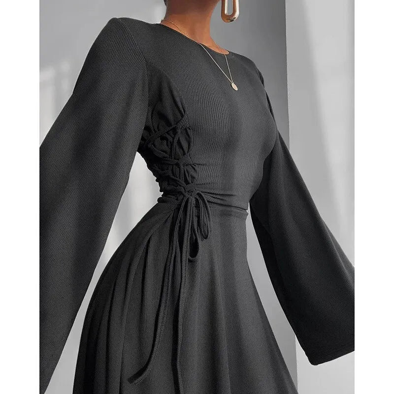 Ribbed Bandage Sexy Maxi Dress For Women Solid Lace-up O Neck Long Sleeve High Waist Elegant Long Dress Fashion