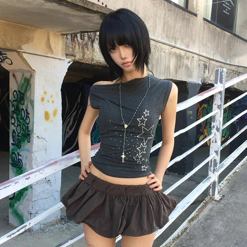 Load image into Gallery viewer, Japanese Y2k Off Shoulder T-shirt Trashy 2000s Style Rhinestones Sleeveless Top Vintage Harajuku Crop Top American Retro
